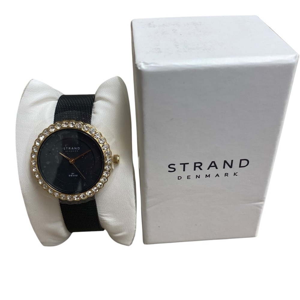 Strand Denmark Ladies‎ Clasp Close Watch Black With Gold and Stones NWT